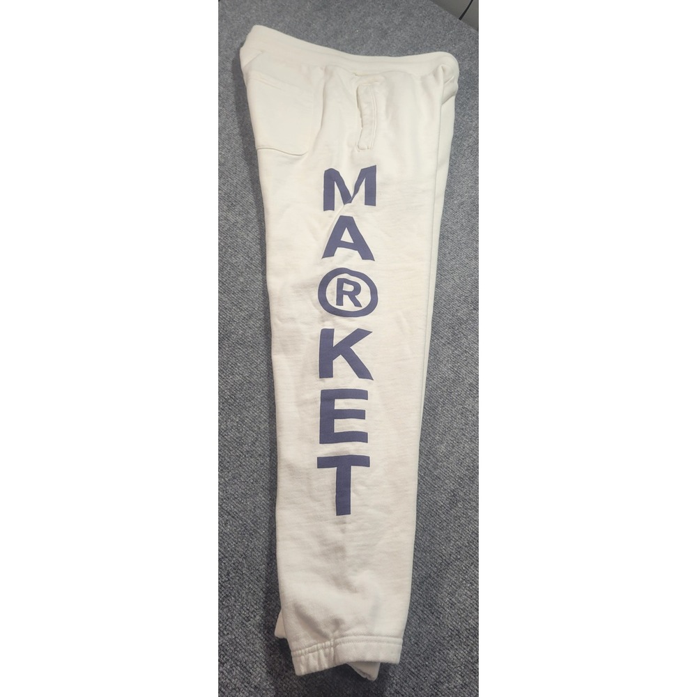 Market Mens Medium Cream Purple Graphic Logo Sweatpants Joggers French Terry